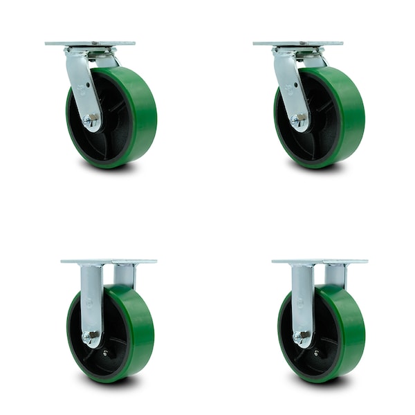 6 Inch Green Poly on Cast Iron Caster Set with Ball Bearings 2 Swivel 2 Rigid